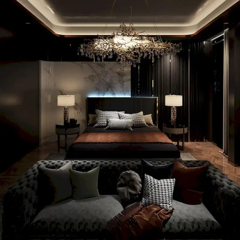 Cadre de lit moderne illuminé avec garniture dorée - Design rembourré et chic