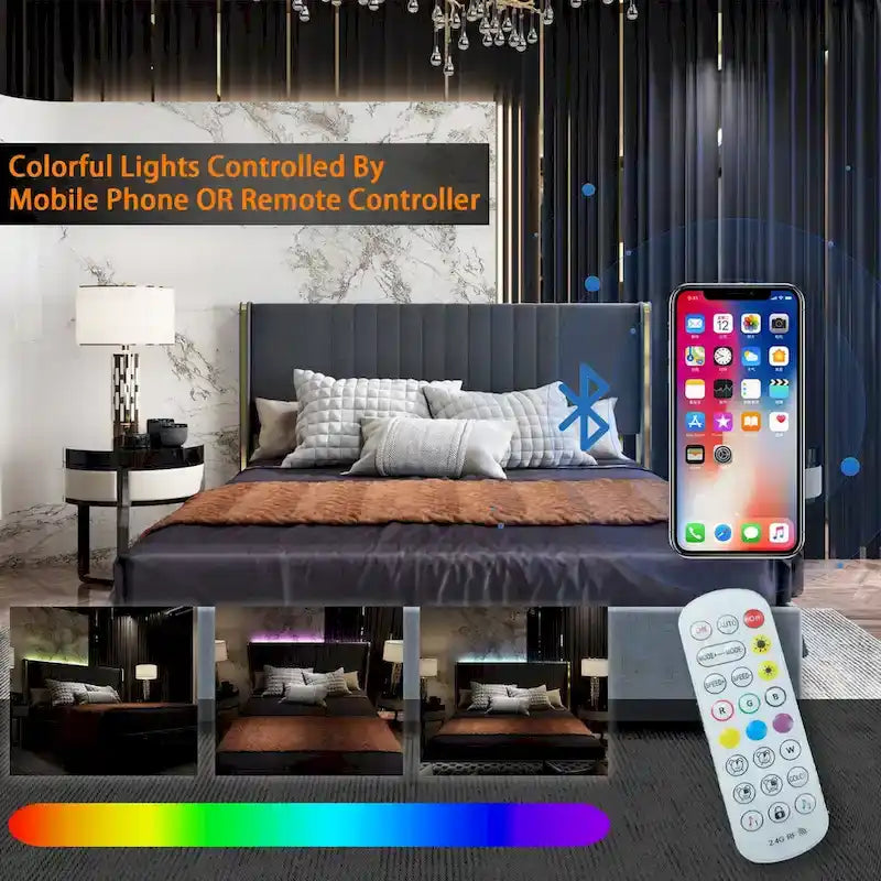 Cadre de lit moderne illuminé avec garniture dorée - Design rembourré et chic