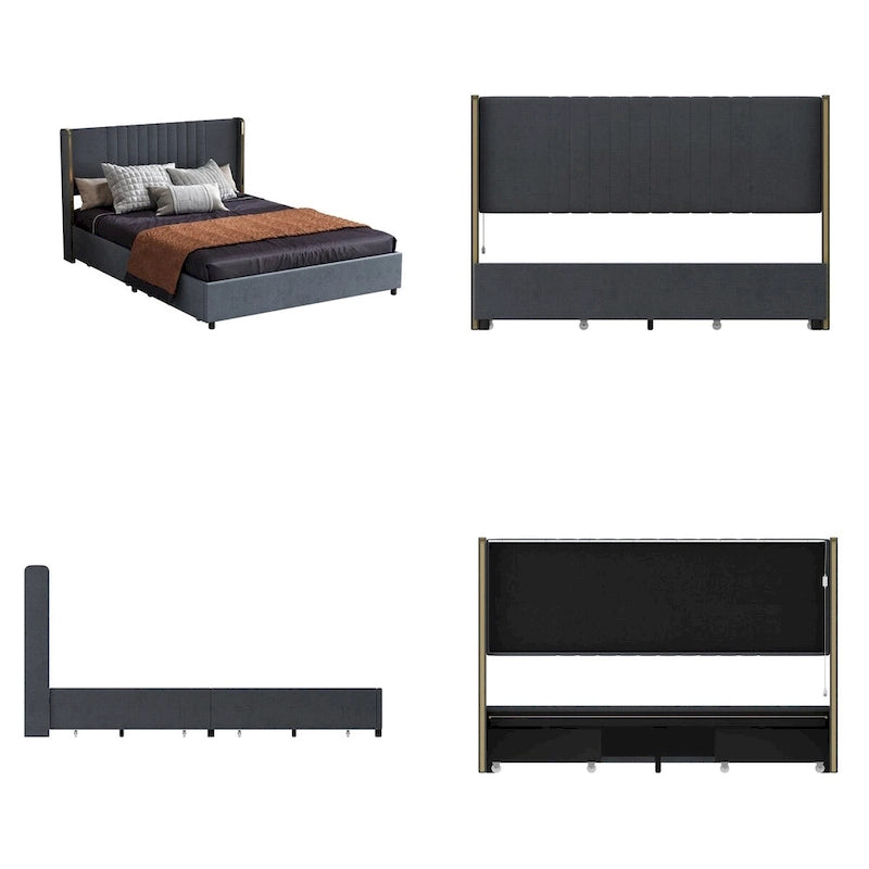 Cadre de lit moderne illuminé avec garniture dorée - Design rembourré et chic
