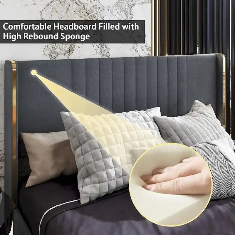 Cadre de lit moderne illuminé avec garniture dorée - Design rembourré et chic