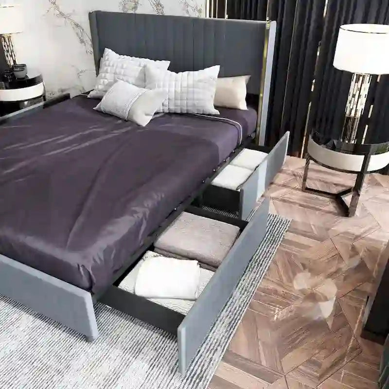 Cadre de lit moderne illuminé avec garniture dorée - Design rembourré et chic