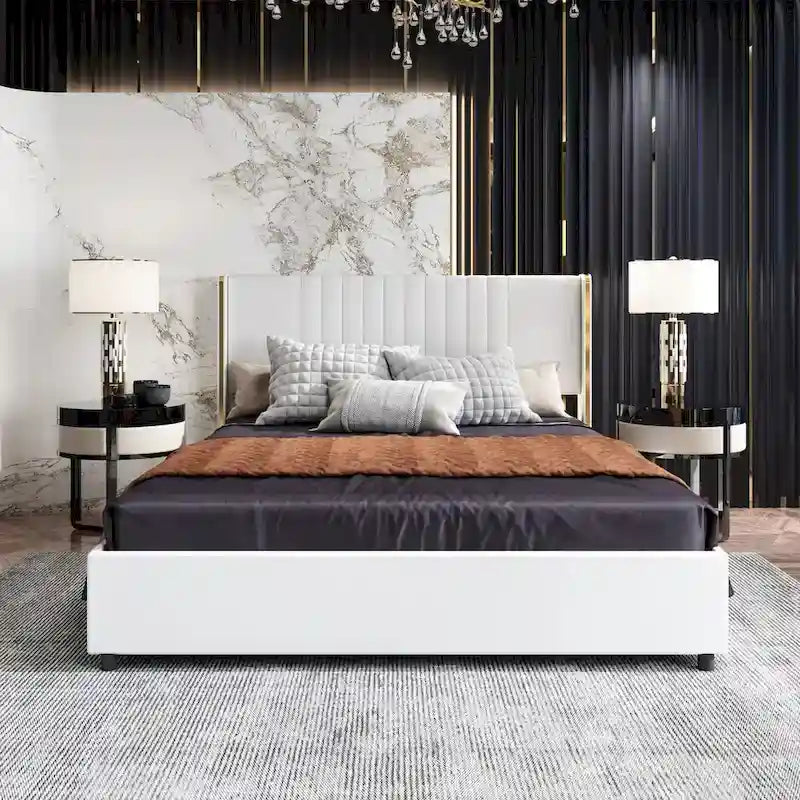 Cadre de lit moderne illuminé avec garniture dorée - Design rembourré et chic