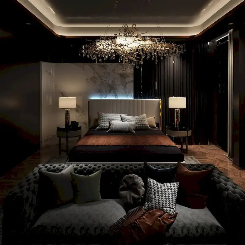 Cadre de lit moderne illuminé avec garniture dorée - Design rembourré et chic
