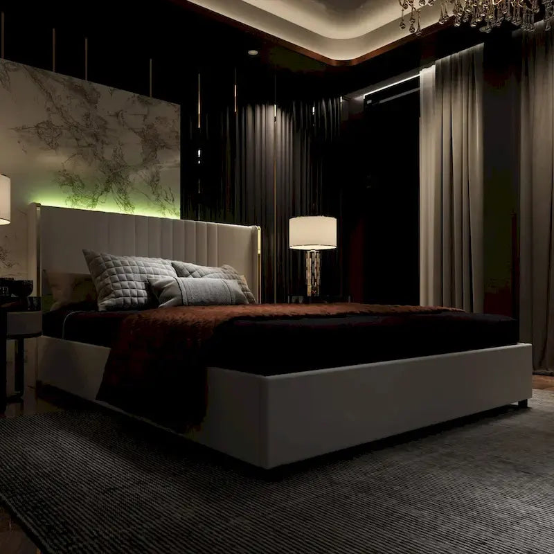 Cadre de lit moderne illuminé avec garniture dorée - Design rembourré et chic