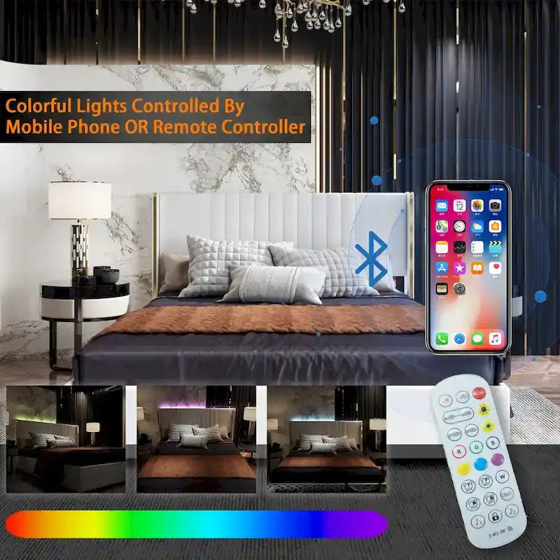 Cadre de lit moderne illuminé avec garniture dorée - Design rembourré et chic