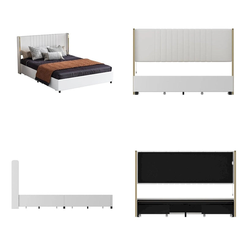 Cadre de lit moderne illuminé avec garniture dorée - Design rembourré et chic