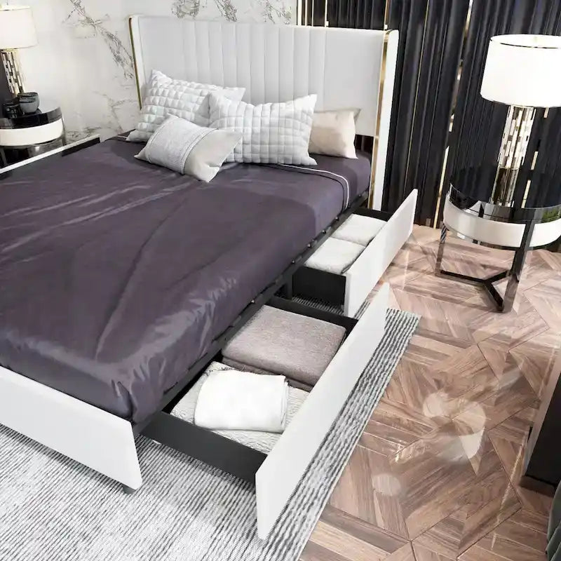 Cadre de lit moderne illuminé avec garniture dorée - Design rembourré et chic