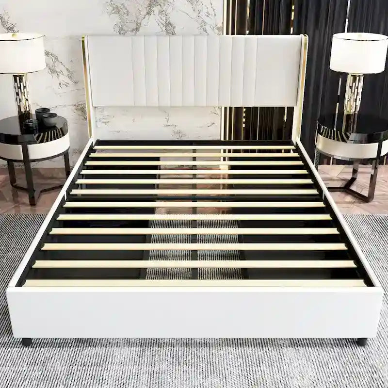 Cadre de lit moderne illuminé avec garniture dorée - Design rembourré et chic