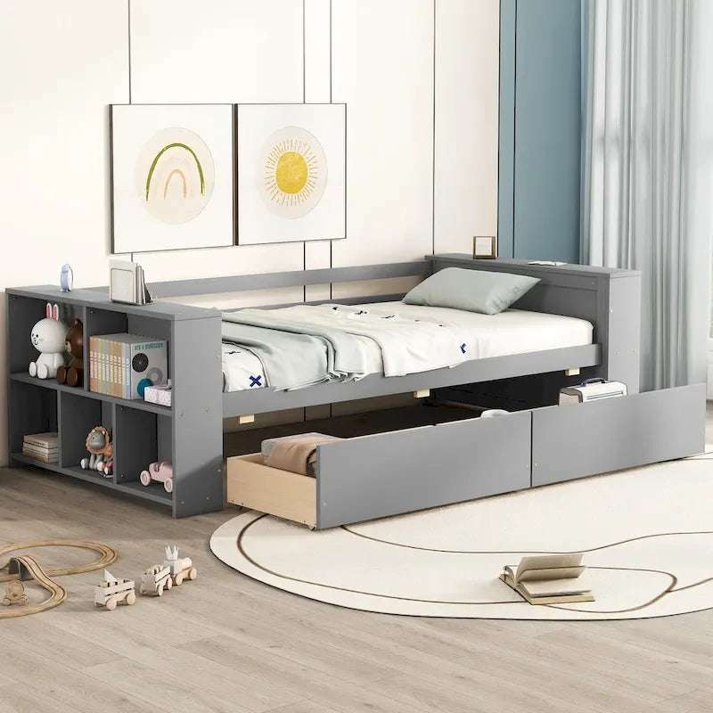 Lit de repos une place avec étagères et tiroirs
