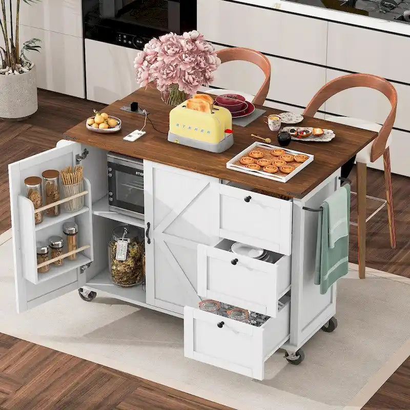Grand îlot de cuisine roulant avec rangement et alimentation électrique
