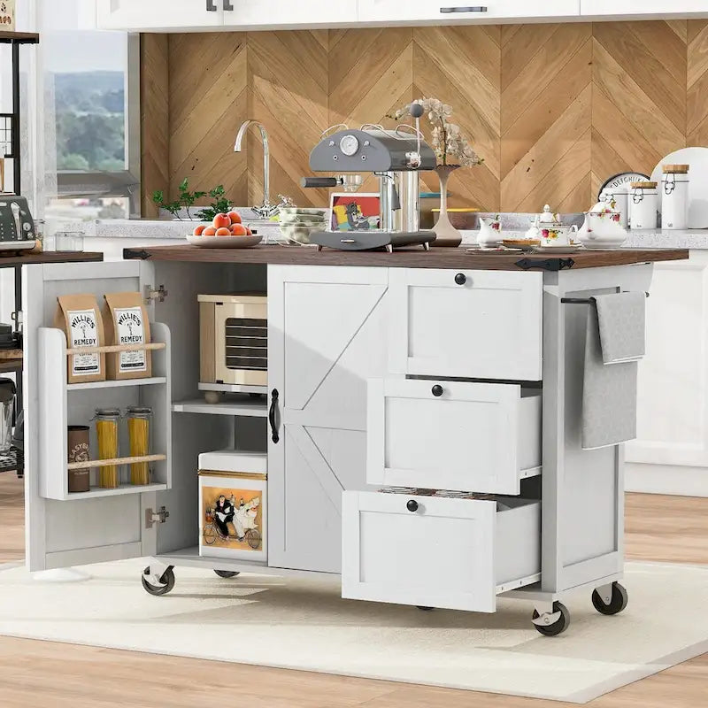 Grand îlot de cuisine roulant avec rangement et alimentation électrique