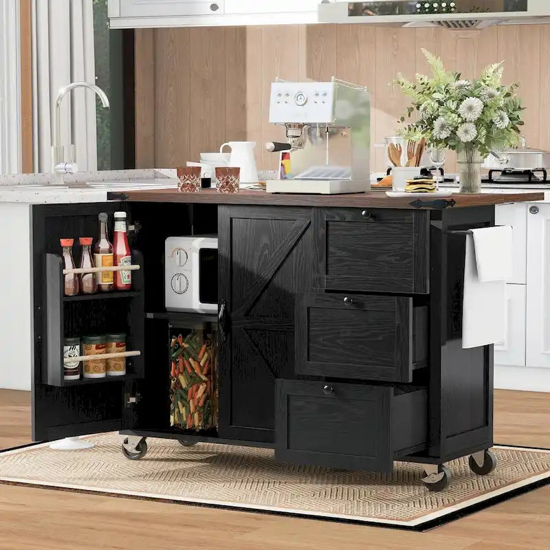 Grand îlot de cuisine roulant avec rangement et alimentation électrique