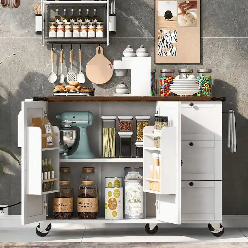 Grand îlot de cuisine roulant avec rangement et alimentation électrique