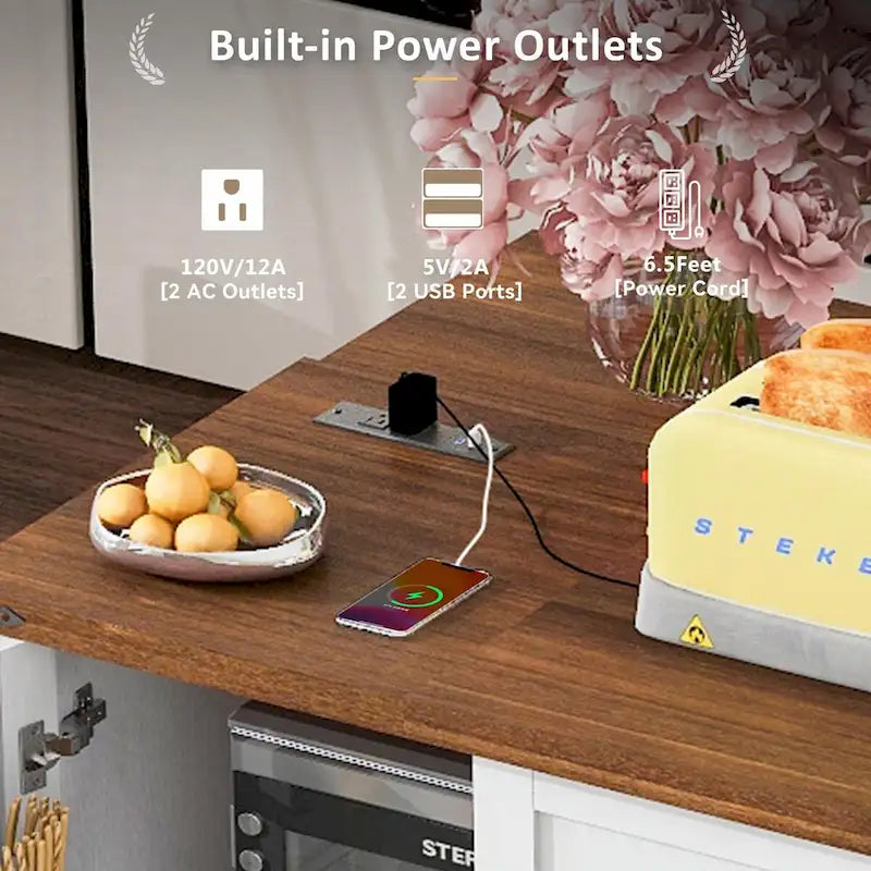 Grand îlot de cuisine roulant avec rangement et alimentation électrique
