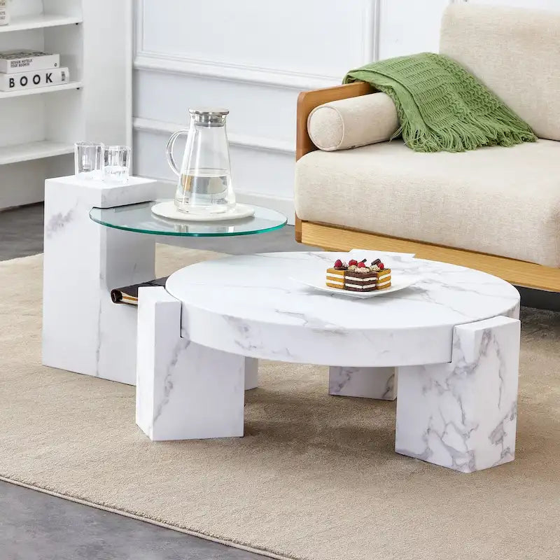 Table basse en MDF texture marbre avec table d'appoint. S'harmonise avec de multiples scènes. Convient pour le salon et la chambre à coucher.