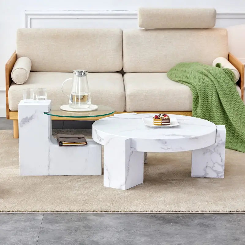 Table basse en MDF texture marbre avec table d'appoint. S'harmonise avec de multiples scènes. Convient pour le salon et la chambre à coucher.
