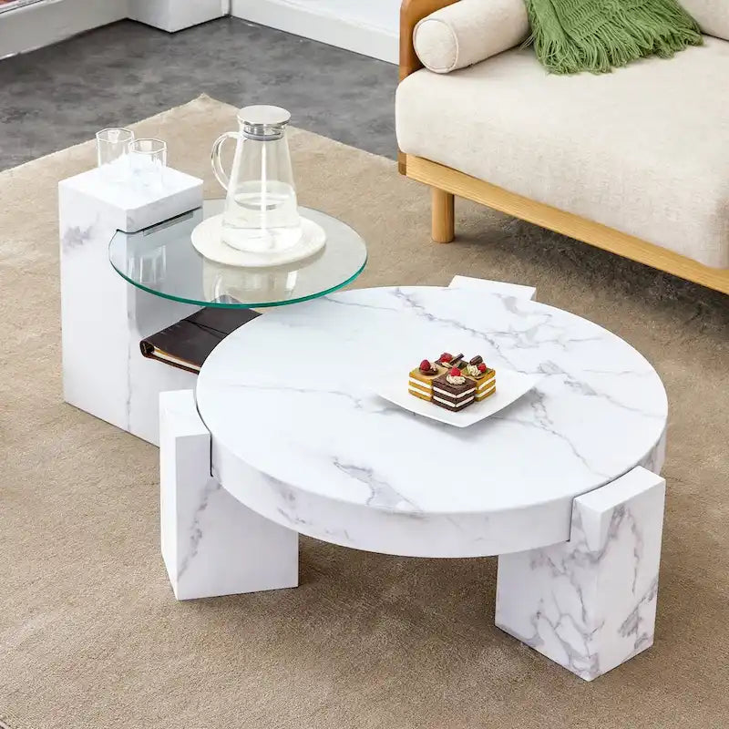 Table basse en MDF texture marbre avec table d'appoint. S'harmonise avec de multiples scènes. Convient pour le salon et la chambre à coucher.