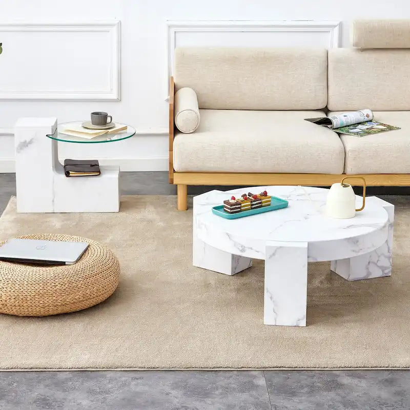Table basse en MDF texture marbre avec table d'appoint. S'harmonise avec de multiples scènes. Convient pour le salon et la chambre à coucher.