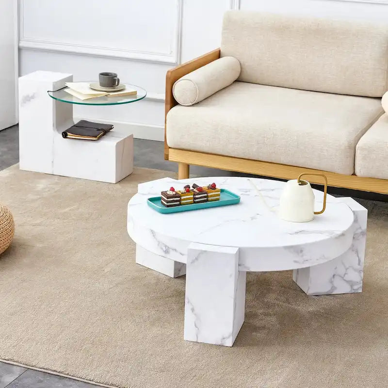 Table basse en MDF texture marbre avec table d'appoint. S'harmonise avec de multiples scènes. Convient pour le salon et la chambre à coucher.