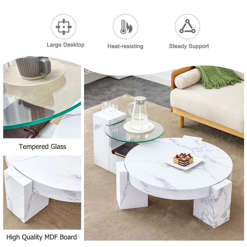 Table basse en MDF texture marbre avec table d'appoint. S'harmonise avec de multiples scènes. Convient pour le salon et la chambre à coucher.