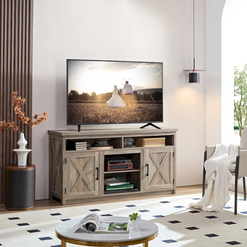 Meuble TV/Console multimédia de style campagnard avec porte de grange, pour téléviseurs jusqu'à 65 pouces, avec espaces de rangement ouverts et fermés