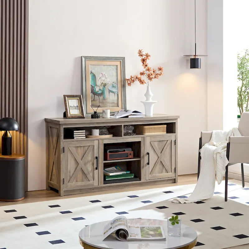 Meuble TV/Console multimédia de style campagnard avec porte de grange, pour téléviseurs jusqu'à 65 pouces, avec espaces de rangement ouverts et fermés