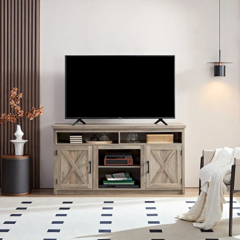 Meuble TV/Console multimédia de style campagnard avec porte de grange, pour téléviseurs jusqu'à 65 pouces, avec espaces de rangement ouverts et fermés