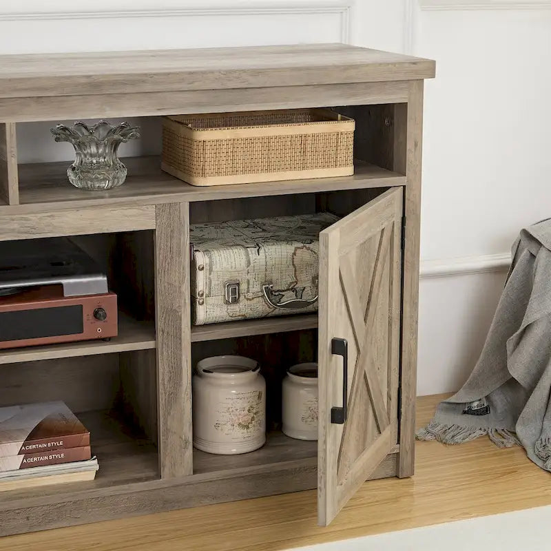 Meuble TV/Console multimédia de style campagnard avec porte de grange, pour téléviseurs jusqu'à 65 pouces, avec espaces de rangement ouverts et fermés