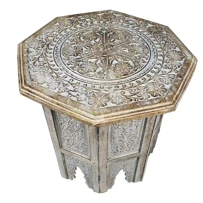 Table d'appoint de ferme artisanale de 45 cm, design gravé et sculpté, bois de manguier, plateau octogonal, marron antique