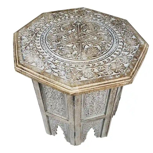 Table d'appoint de ferme artisanale de 45 cm, design gravé et sculpté, bois de manguier, plateau octogonal, marron antique