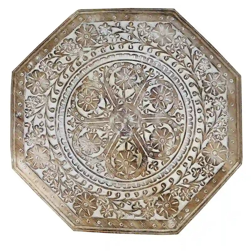 Table d'appoint de ferme artisanale de 45 cm, design gravé et sculpté, bois de manguier, plateau octogonal, marron antique