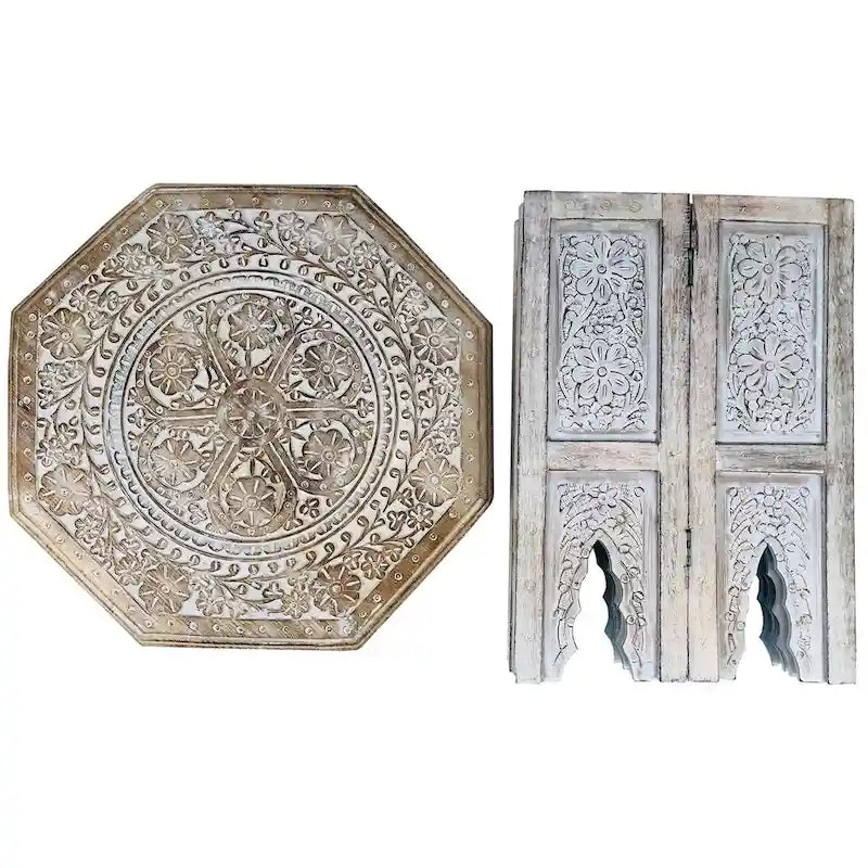 Table d'appoint de ferme artisanale de 45 cm, design gravé et sculpté, bois de manguier, plateau octogonal, marron antique