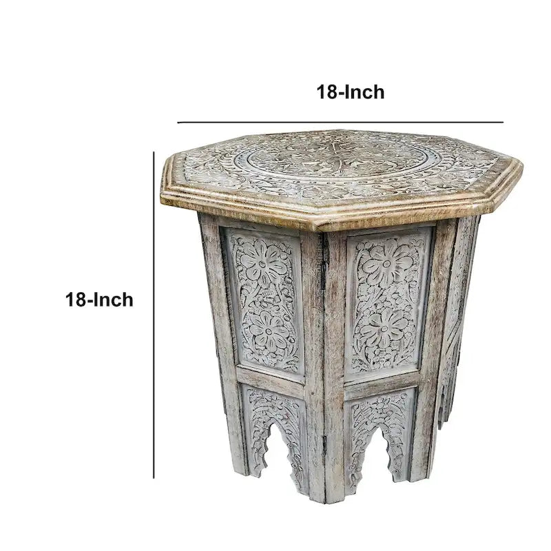Table d'appoint de ferme artisanale de 45 cm, design gravé et sculpté, bois de manguier, plateau octogonal, marron antique