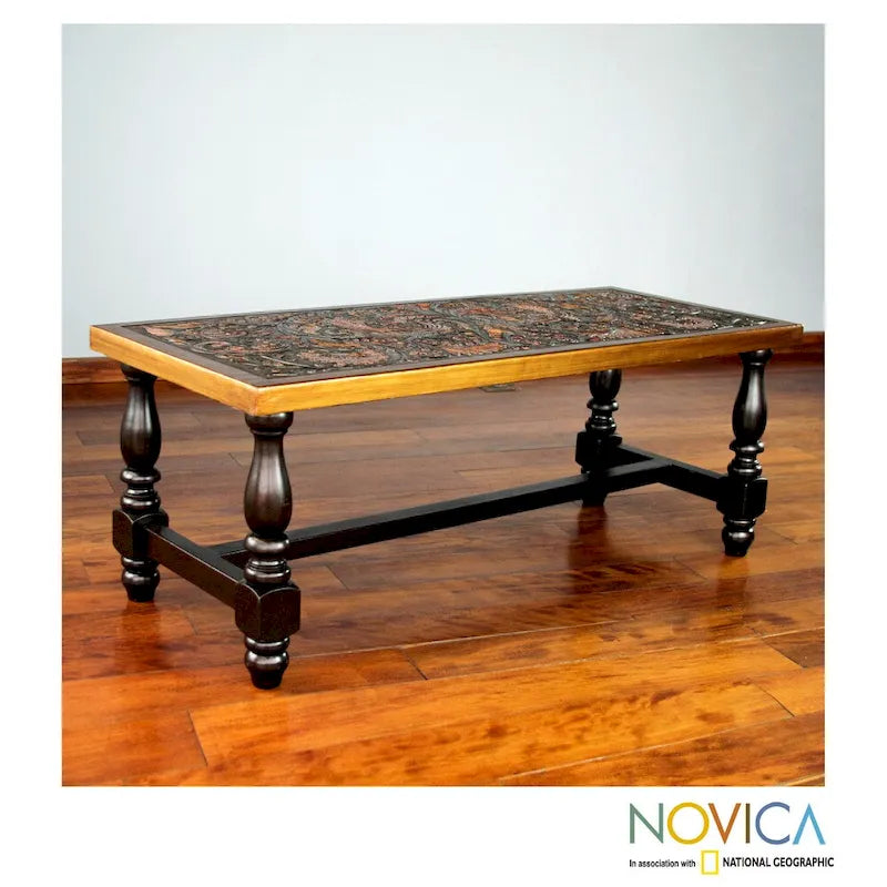 Handmade Andean Birds Hand Tooled Leather Brown Mohena Wood Coffee Table (Peru) - 18 H x 47 W x 19.75 D