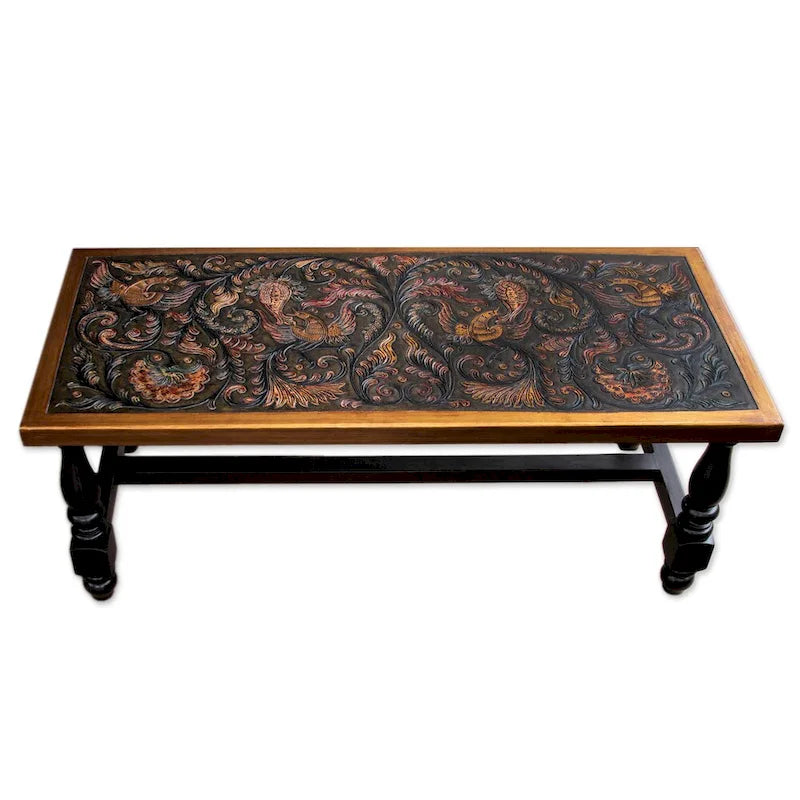Table basse en cuir brun fabriquée à la main avec motif d'oiseaux