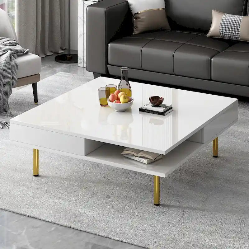 Table basse : 4 pieds dorés, 2 tiroirs, design carré à double plateau.