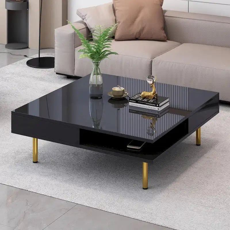 Table basse : 4 pieds dorés, 2 tiroirs, design carré à double plateau.