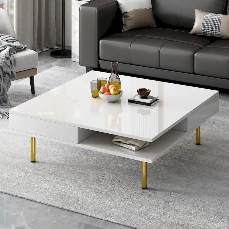 Table basse : 4 pieds dorés, 2 tiroirs, design carré à double plateau.