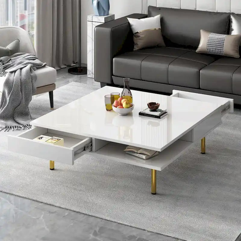 Table basse : 4 pieds dorés, 2 tiroirs, design carré à double plateau.