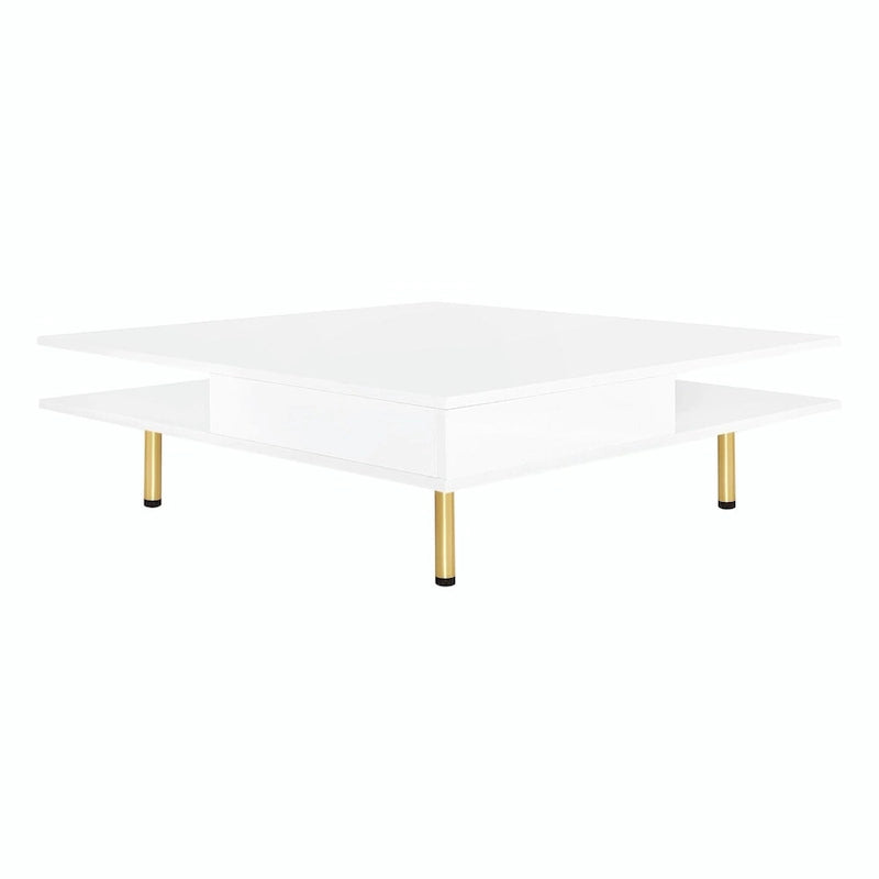 Table basse : 4 pieds dorés, 2 tiroirs, design carré à double plateau.