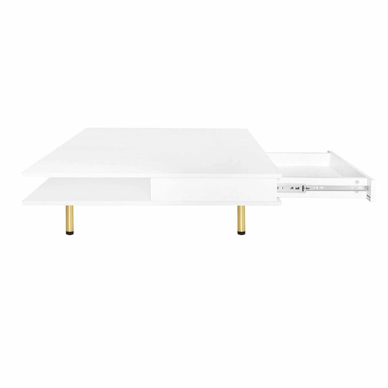 Table basse : 4 pieds dorés, 2 tiroirs, design carré à double plateau.