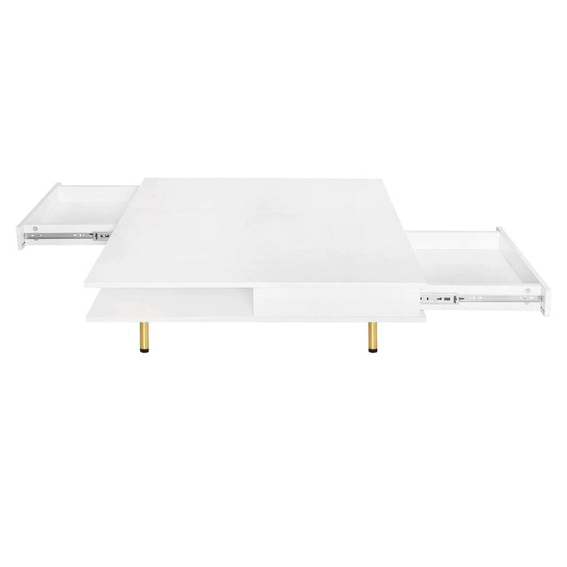 Table basse : 4 pieds dorés, 2 tiroirs, design carré à double plateau.