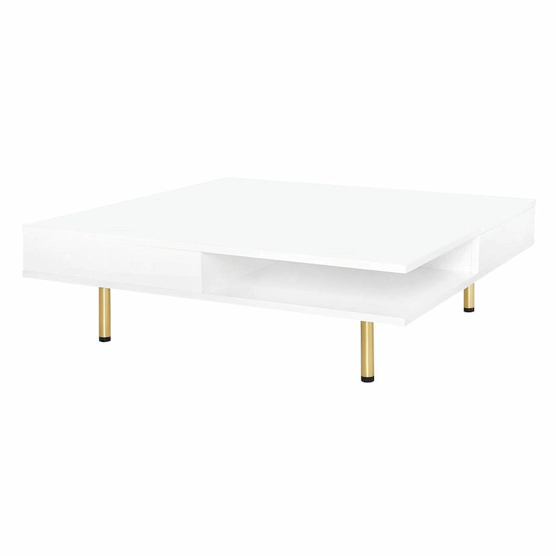Table basse : 4 pieds dorés, 2 tiroirs, design carré à double plateau.