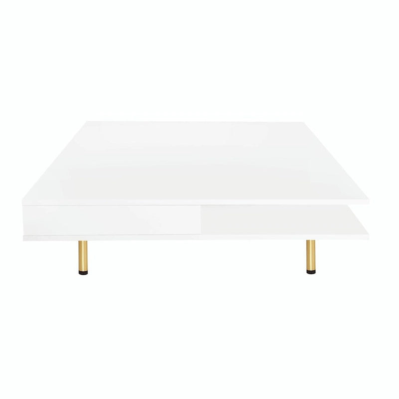 Table basse : 4 pieds dorés, 2 tiroirs, design carré à double plateau.