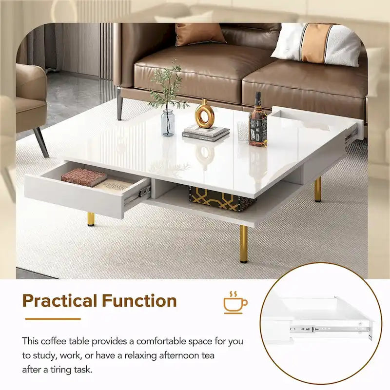 Table basse : 4 pieds dorés, 2 tiroirs, design carré à double plateau.