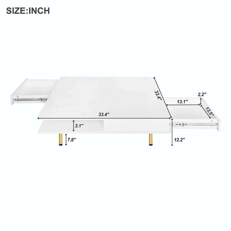 Table basse : 4 pieds dorés, 2 tiroirs, design carré à double plateau.
