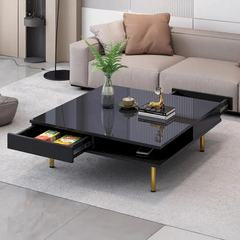 Table basse : 4 pieds dorés, 2 tiroirs, design carré à double plateau.