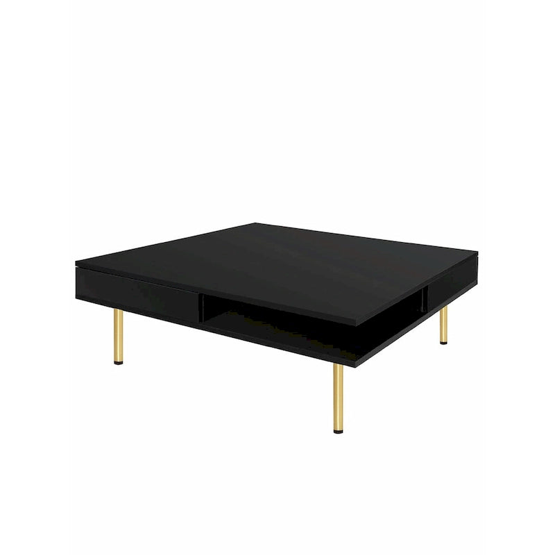 Table basse : 4 pieds dorés, 2 tiroirs, design carré à double plateau.