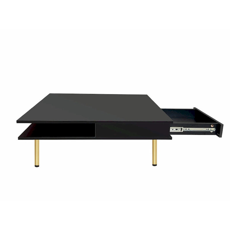 Table basse : 4 pieds dorés, 2 tiroirs, design carré à double plateau.