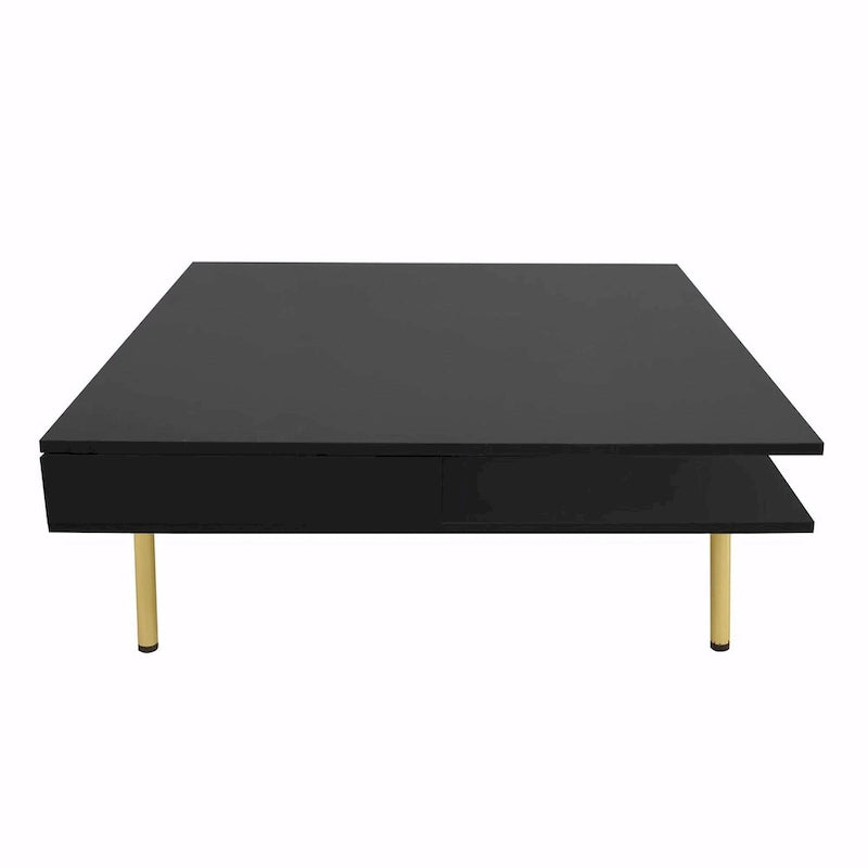 Table basse : 4 pieds dorés, 2 tiroirs, design carré à double plateau.